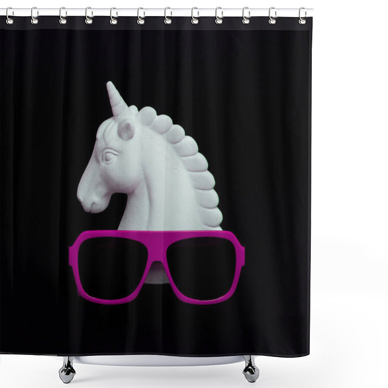 Personality  White Painted Unicorn And Stylish Sunglasses In Black Space. Min Shower Curtains