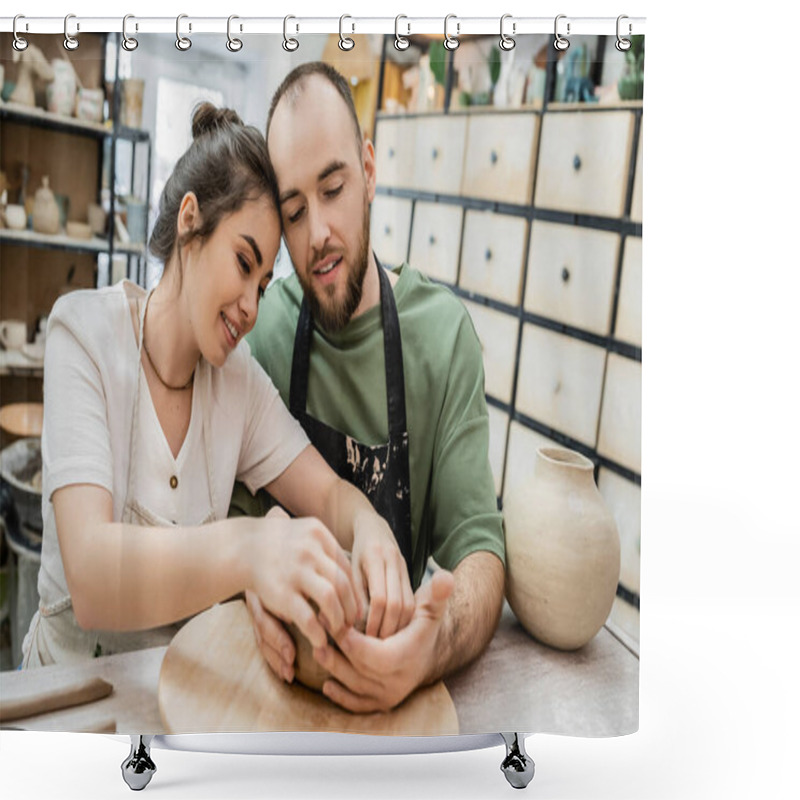 Personality  Positive Romantic Couple Of Potters Making Clay Bowl In Ceramic Workshop At Background Shower Curtains