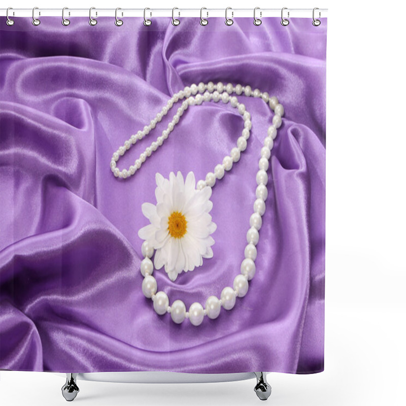 Personality  Pearl Necklace With Chamomile Flower On Violet Silk Fabric, Romantic Present Shower Curtains