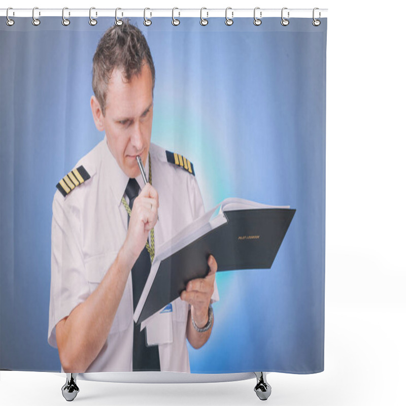 Personality  Pilot Filling In Logbook And Checking Papers Shower Curtains