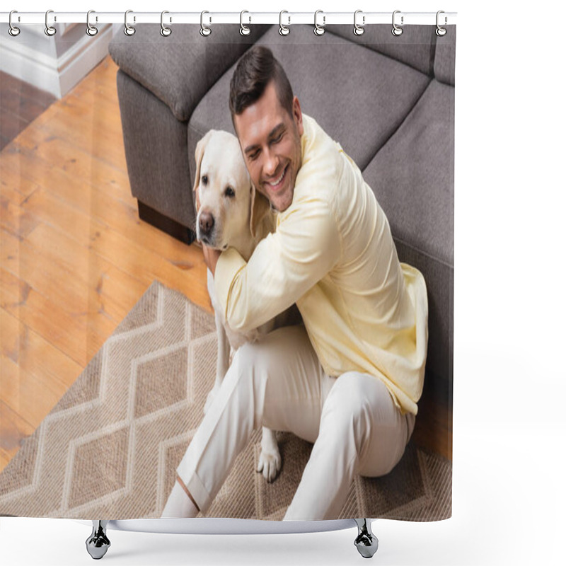 Personality  High Angle View Of Man With Closed Eyes Sitting On Floor And Hugging Labrador Dog Shower Curtains