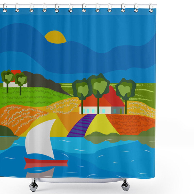 Personality  Rural Houses In The Mountain Area ,fields, A Lake And A Boat Wit Shower Curtains