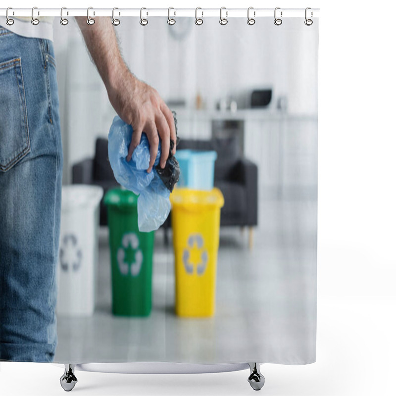 Personality  Cropped View Of Man Holding Plastic Bags Near Blurred Cans With Recycle Sign At Home  Shower Curtains