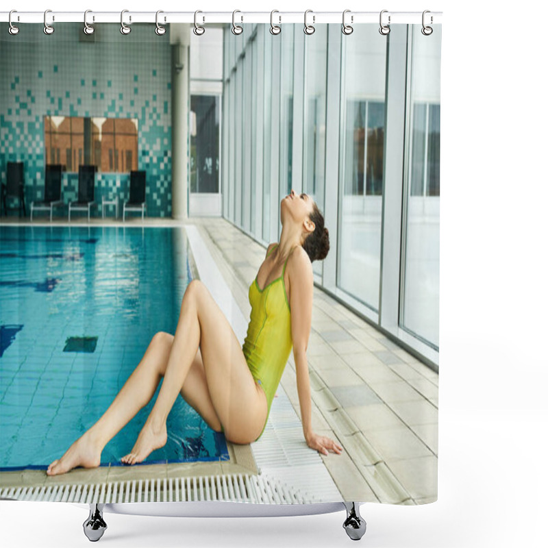 Personality  A Brunette Woman In A Yellow Bathing Suit Lounging On The Edge Of An Indoor Swimming Pool. Shower Curtains