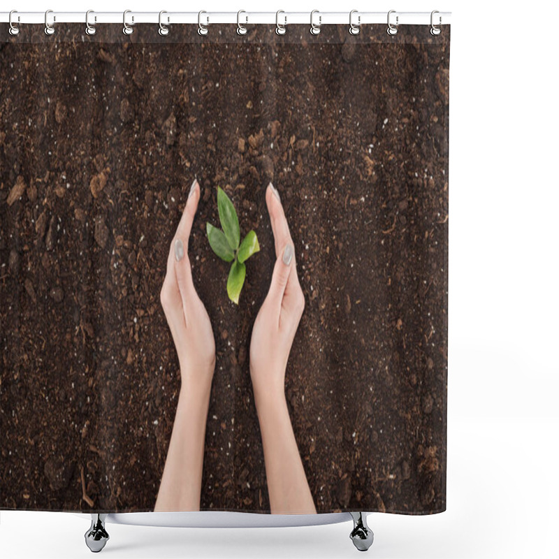 Personality  Cropped View Of Woman Holding Hands Near Ground With Green Plant, Protecting Nature Concept  Shower Curtains