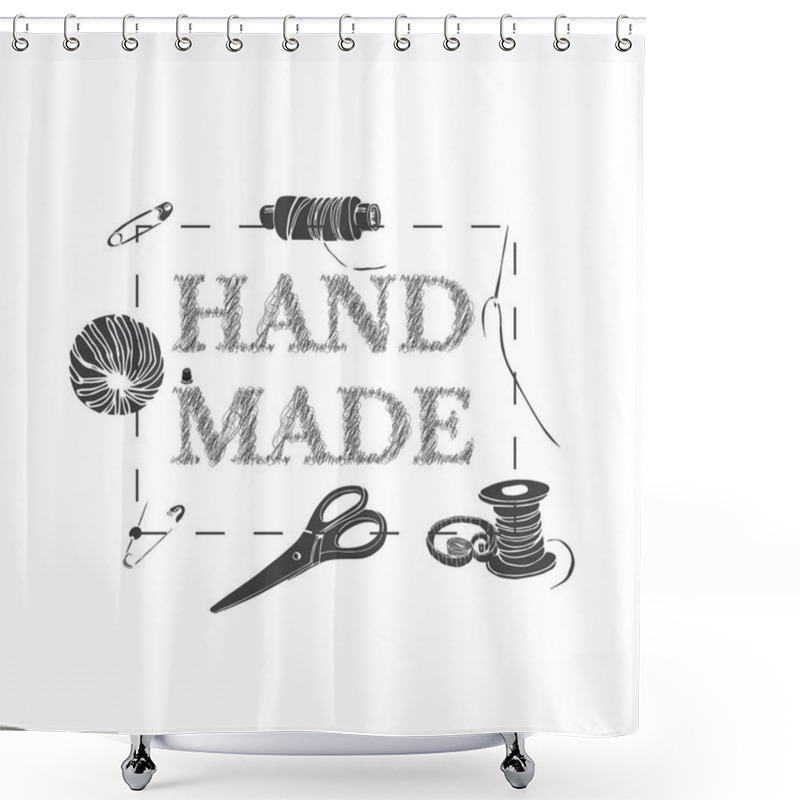 Personality  Composition With Inverted  Items For Sewing. Hand Drawn Monochrome Sketch Of Different Elements Isolated On White Background.  Shower Curtains