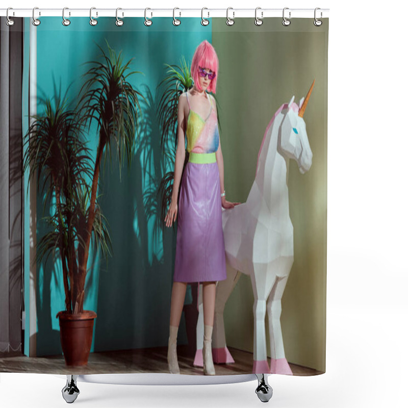 Personality  Attractive Stylish Girl In Pink Wig Standing Near Unicorn And Looking At Camera Shower Curtains