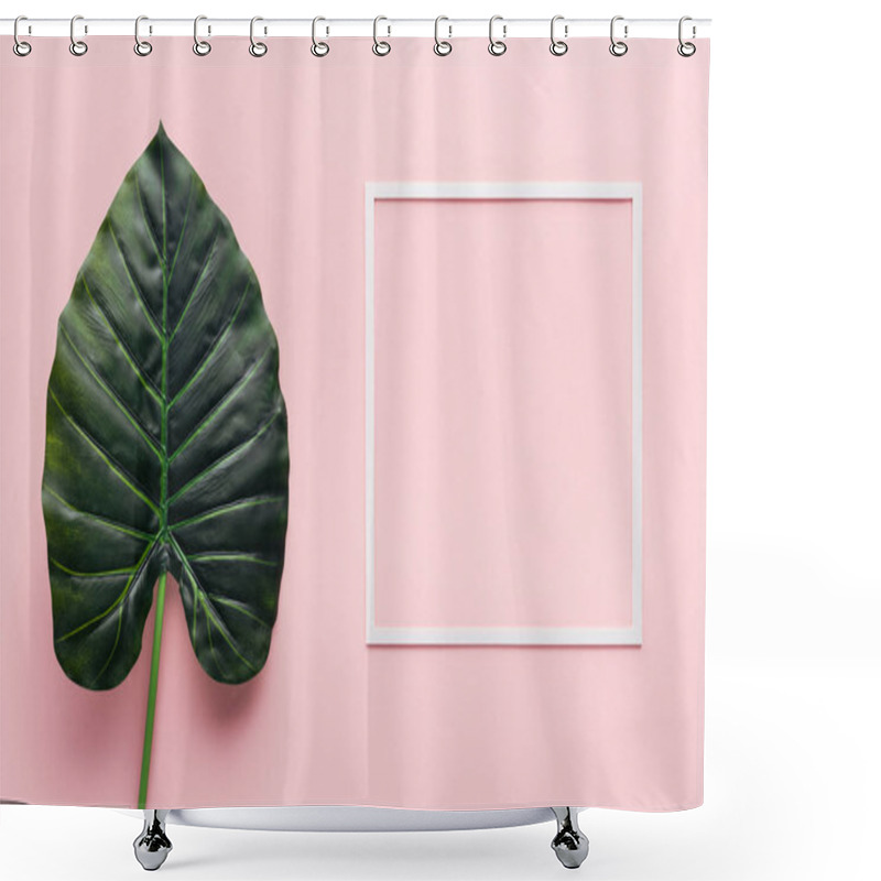 Personality  Top View Of Green Palm Leaf And White Frame On Pink, Minimalistic Concept  Shower Curtains