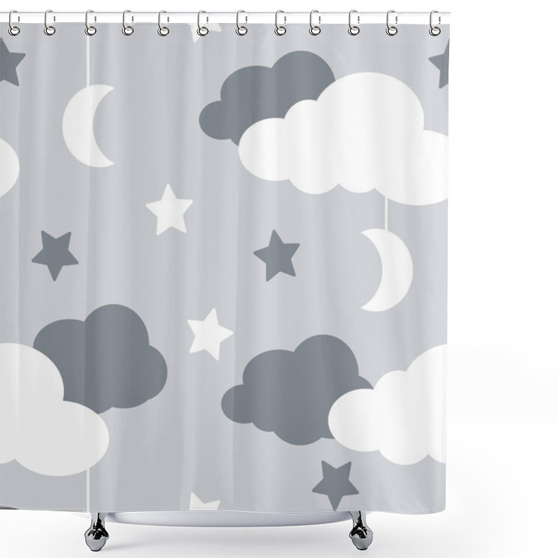 Personality  Seamless Pattern With Sky Elements In Line Art Style, Grey Night Shower Curtains