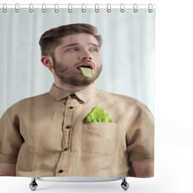 Personality  Portrait Of Man With Cucumber Slice In Mouth And Savoy Cabbage Leaf In Pocket, Vegan Lifestyle Concept  Shower Curtains