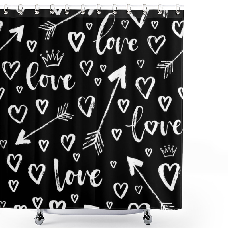 Personality  Vector Fashion Seamless Pattern With Hearts On Happy Valentines Day. Doodle Style Shower Curtains