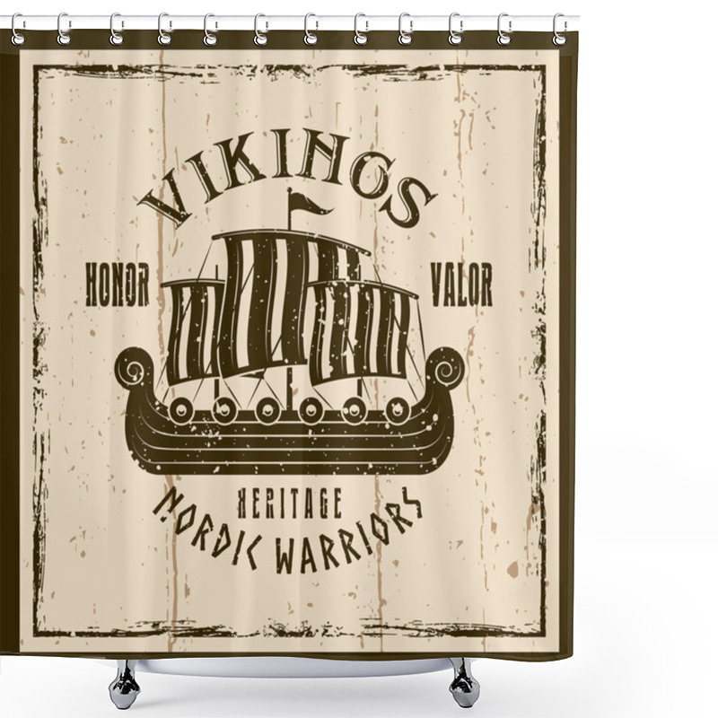 Personality  Vikings Sailship Vector Brown Emblem, Label, Badge Shower Curtains