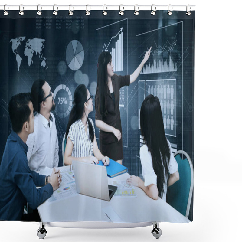 Personality  Businesswoman Explaining Financial Statistics Shower Curtains