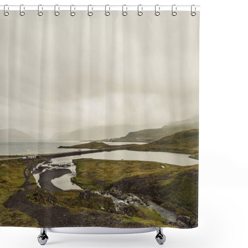 Personality  Amazing Landscape With River And Grassy Hills In Iceland  Shower Curtains