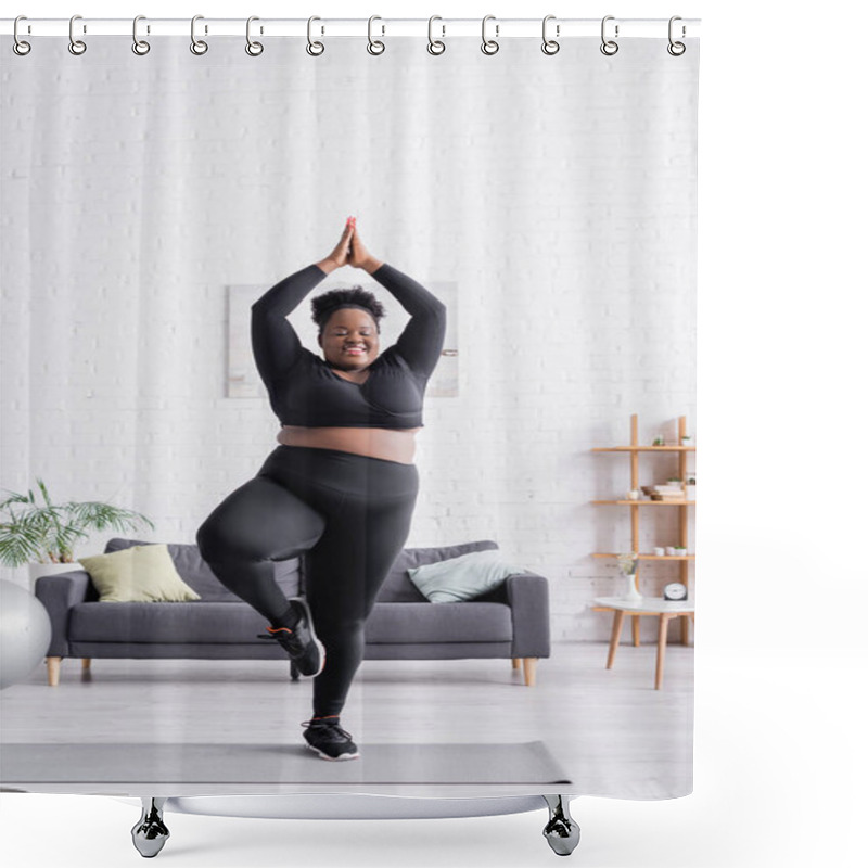 Personality  Happy African American Plus Size Woman In Sportswear Standing In Yoga Pose In Living Room Shower Curtains