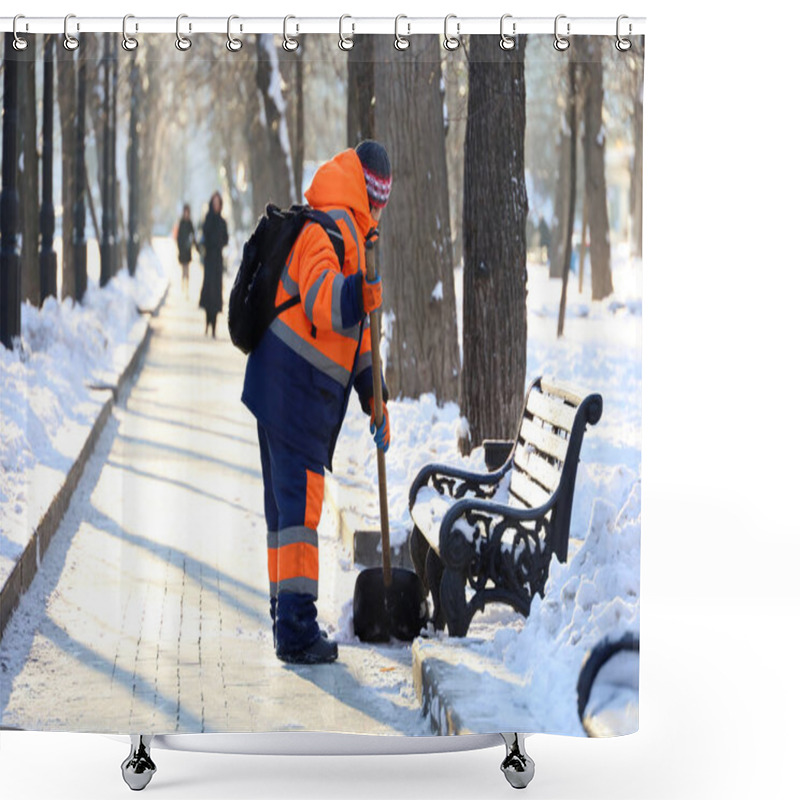 Personality  Communal Services Worker In Uniform With A Shovel Clears Melting Snow On A Sidewalk. Woman During Snow Removal In Winter City, Street Cleaning Shower Curtains