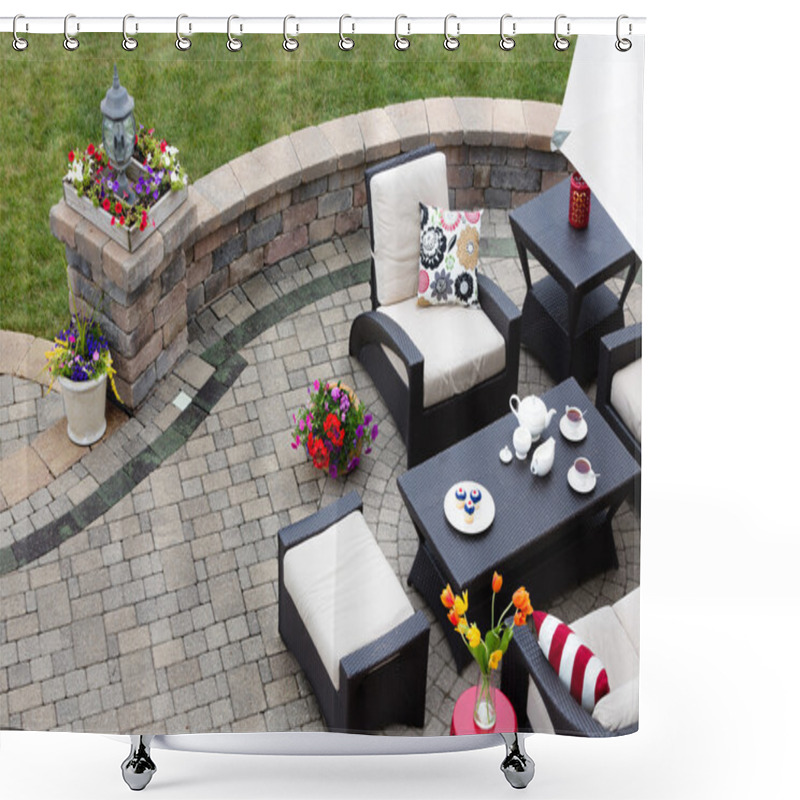 Personality  Brick Paved Patio With Patio Furniture Shower Curtains