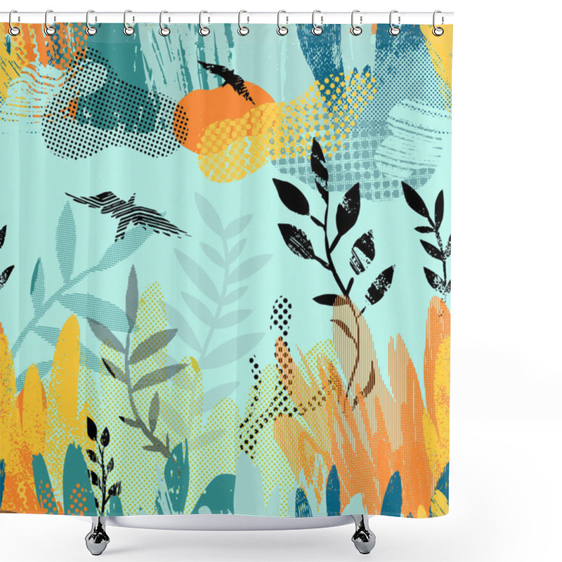 Personality  Vector Seamless Pattern With Abstract Plants, Clouds And Birds. Shower Curtains