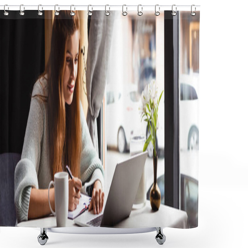 Personality  Attractive Woman Writing In Notepad While Watching Webinar On Laptop In Cafe Shower Curtains