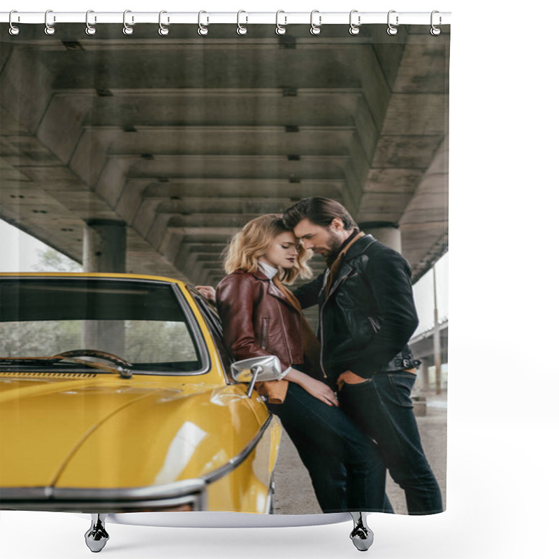 Personality  Side View Of Stylish Young Couple Hugging Near Yellow Old-fashioned Automobile Shower Curtains