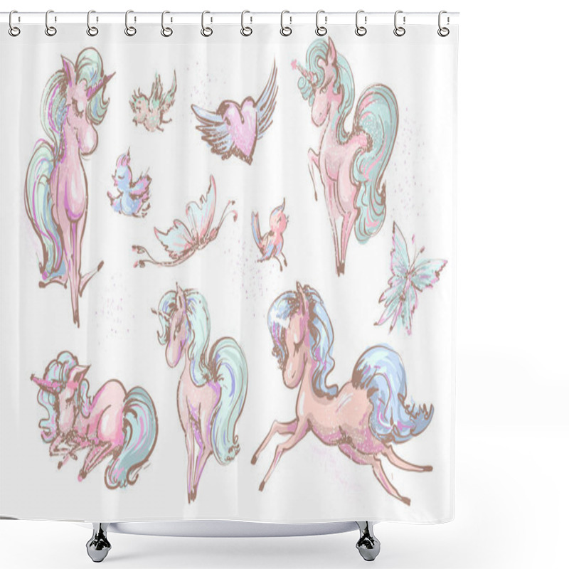 Personality  Cute Unicorns , Butterflies And Birds Collection , Vector Sketchy Illustration Set Of Little Unicorns Shower Curtains