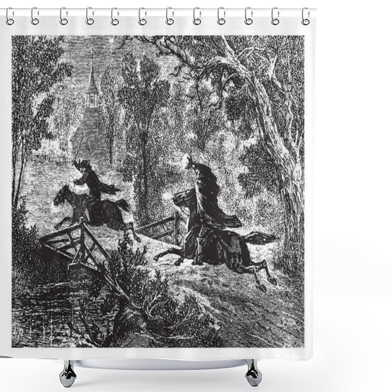 Personality  The Headless Horseman, Sleepy Hollow, This Scene Shows A Man Riding Horse And Being Chased By Another Headless Horseman Behind Him In Night, Trees In Background, Vintage Line Drawing Or Engraving Illustration Shower Curtains