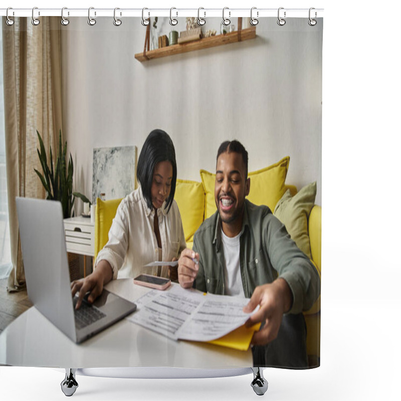 Personality  An African American Couple Sits At A Table Together, Looking At Paperwork And Smiling. Shower Curtains