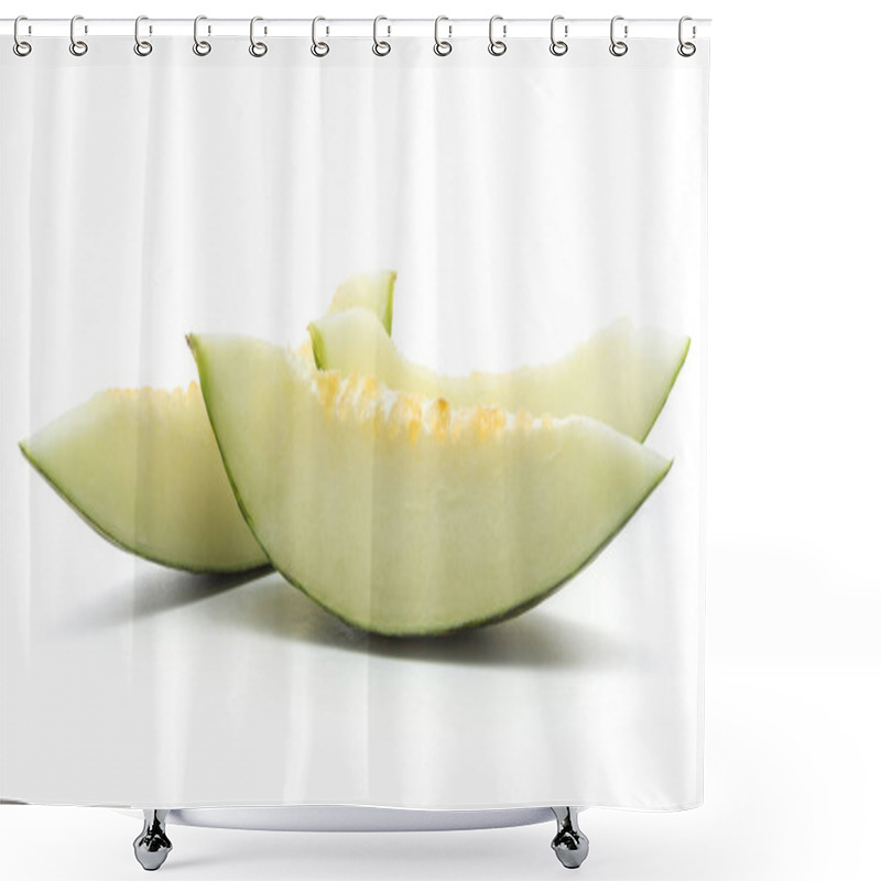 Personality  Three Melon Piel De Sapo Slices (Santa Claus Christmas Variety) Isolated On White Background Green Striped Outer Rind Without Seed Shower Curtains