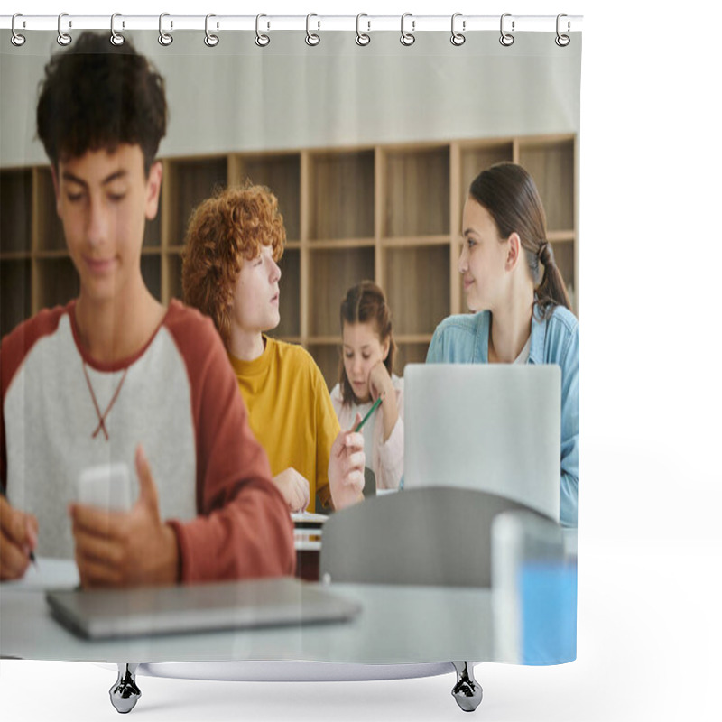 Personality  Redhead Teen Schoolboy Holding Pencil And Talking To Classmate Near Devices During Lesson In Class Shower Curtains