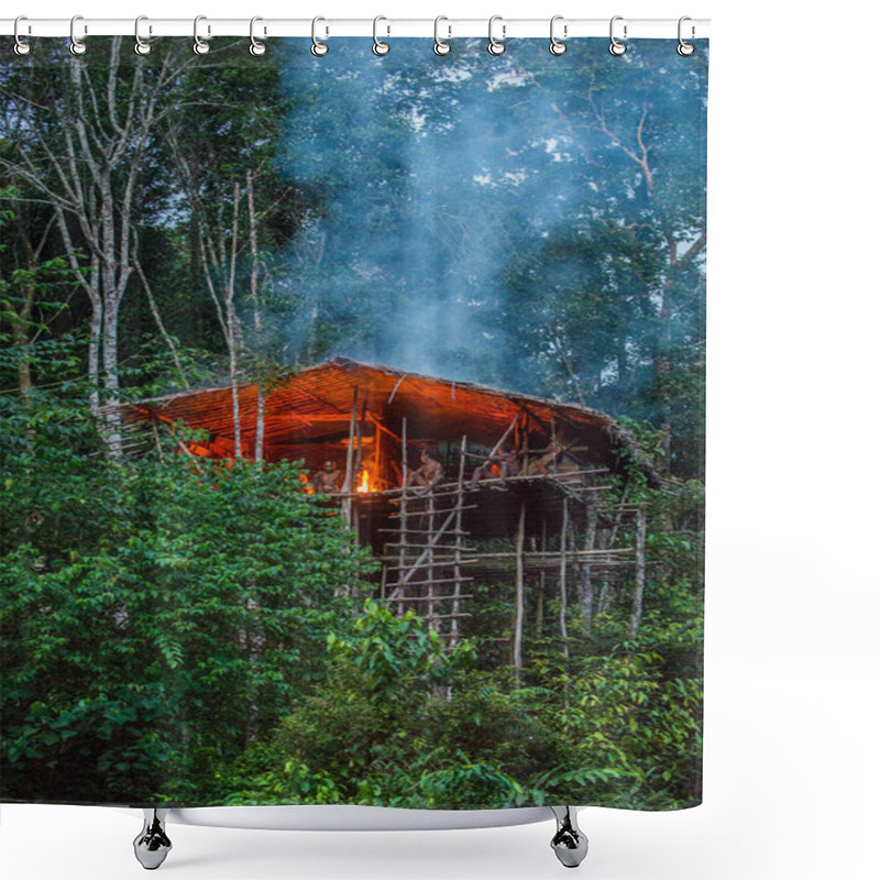 Personality  Group Of Papuan Korowai Tribe In House On Tree Shower Curtains