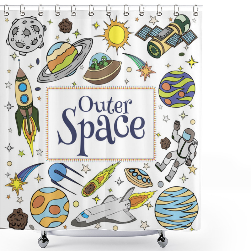 Personality  Outer Space Doodles, Symbols And Design Elements. Cartoon Space Icons. Hand Drawn Vector Illustration. Shower Curtains