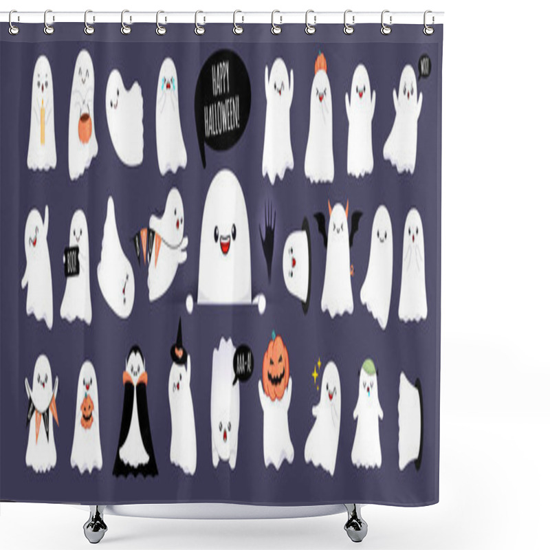 Personality  Big Collection Of Cute Happy Ghosts With Different Emotions And Face Expressions. White Scary Spirits In Cartoon Style. Cute Baby Ghosts For Halloween Party Shower Curtains