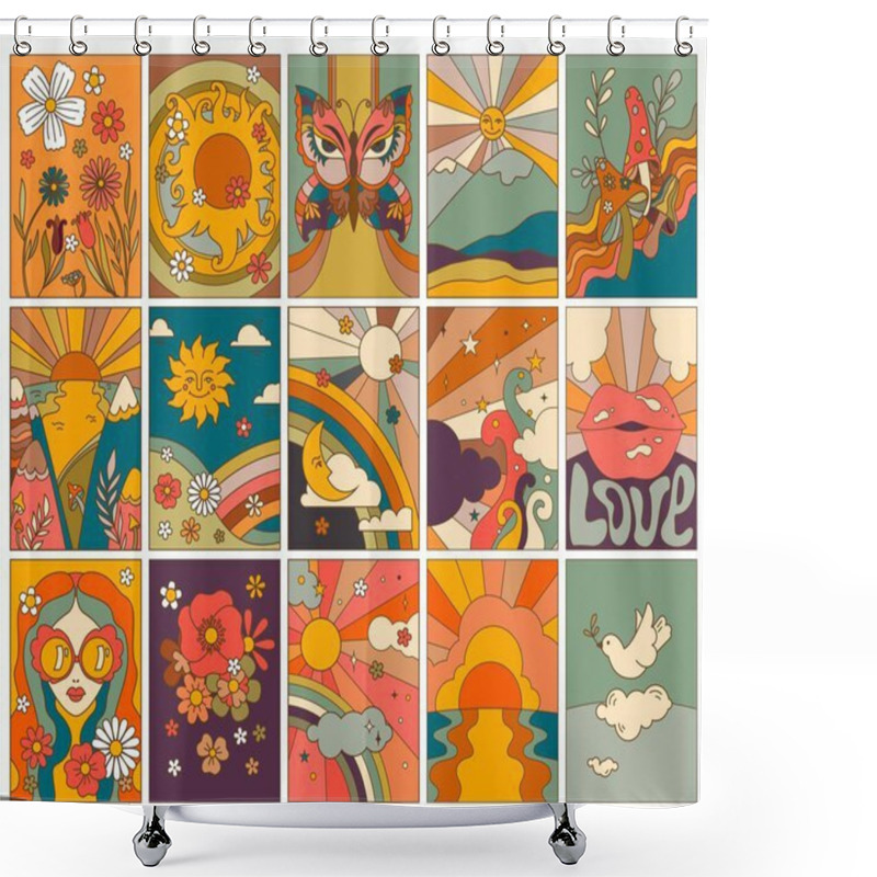 Personality  Cartoon Posters Or Prints With Flowers In Blossom, Character In Glasses And Landscape. Sunshine And Rays, Mushrooms In Forest And Dove With Branch With Leaves Flying Above. Vector In Flat Style Shower Curtains