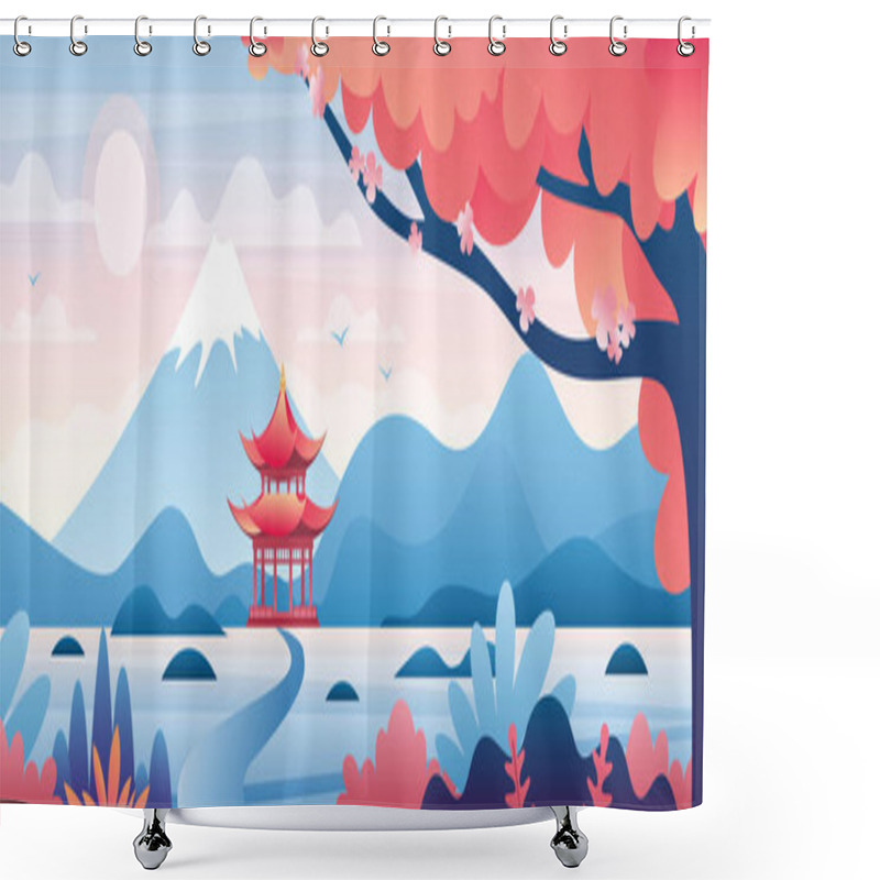 Personality  Chinese Landscape Vector Illustration, Cartoon Asian Traditional Temple, Pavilion Or House With Oriental Pagoda In Rural China, Travel To Asia Background Shower Curtains