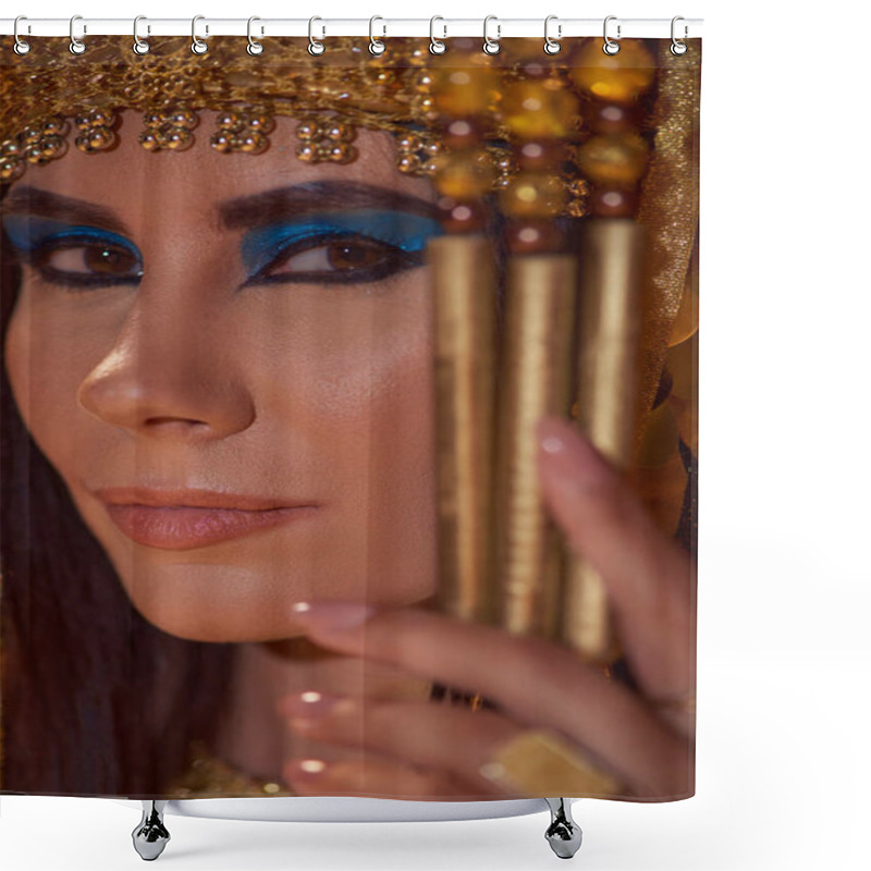 Personality  Portrait Of Beautiful Woman With Bold Makeup And Traditional Egyptian Headdress Looking At Camera Shower Curtains