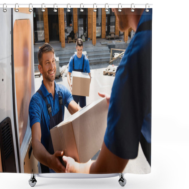 Personality  Selective Focus Of Loader Giving Carton Box To Colleague In Truck On Urban Street  Shower Curtains