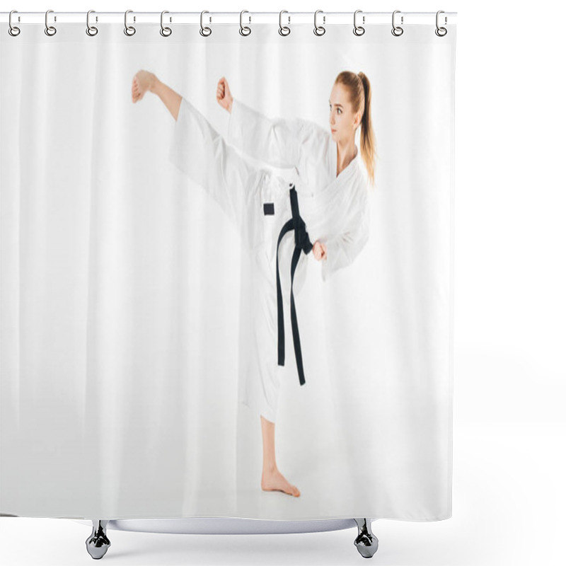 Personality  Female Karate Fighter Training Kick Isolated On White Shower Curtains