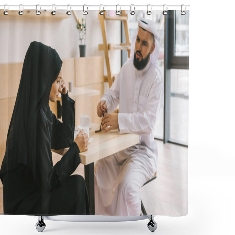 Personality  Muslim Couple Having Argument In Cafe Shower Curtains