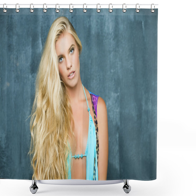 Personality  Portrait Of A Beautiful Blonde Girl With Luxuriant Hair Shower Curtains