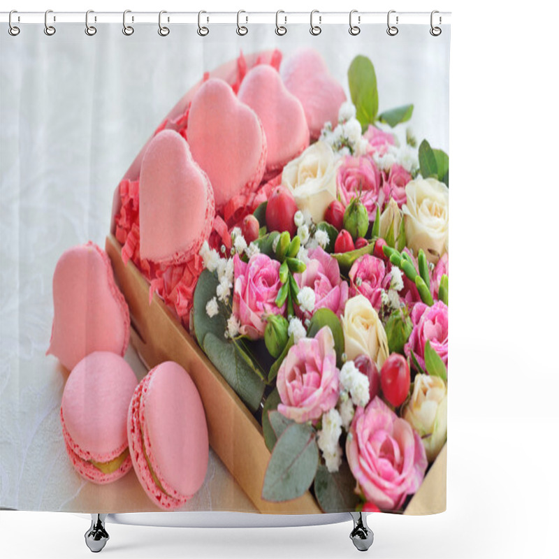 Personality  French Macaroon Heart-shaped Valentine's Day, The Box With Flowe Shower Curtains