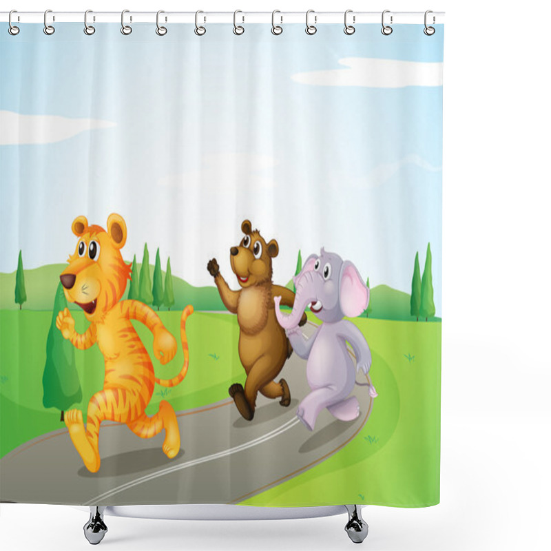 Personality  A Tiger, A Bear And An Elephant Running Along The Road Shower Curtains