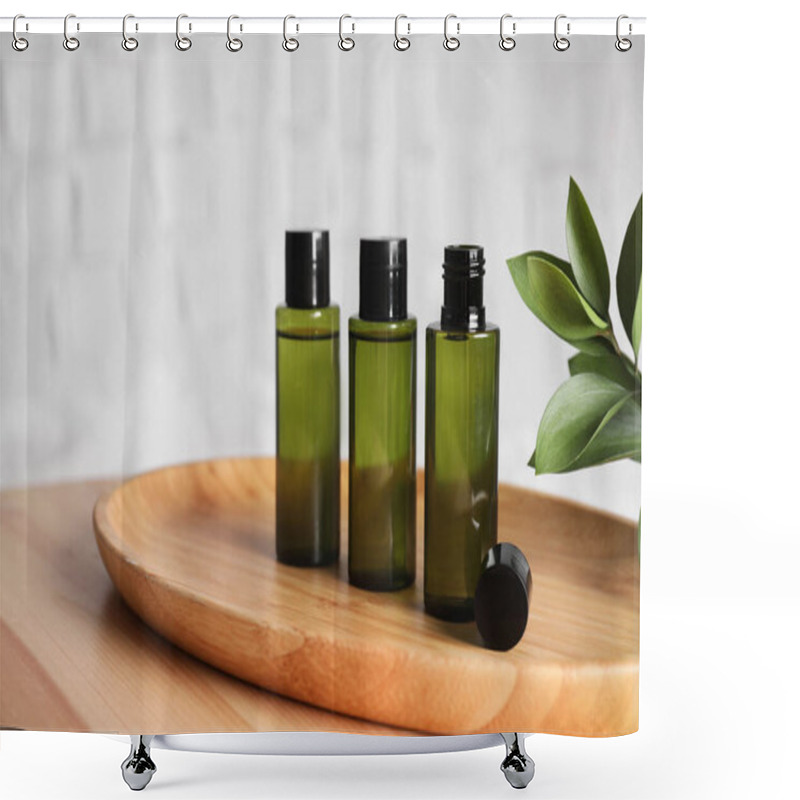 Personality  Mini Bottles With Cosmetic Products On Wooden Table Against White Background. Space For Text Shower Curtains