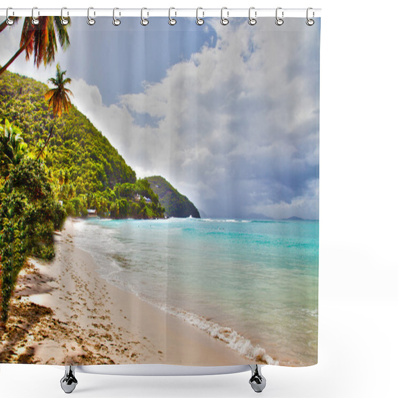 Personality  Sandy Tropical Beach With An Azure Ocean Shower Curtains