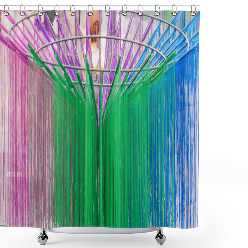 Personality  The Image Depicts A Vibrant Installation At The Center, Composed Of Numerous Vertical Columns Or Rods, Each Colored Differently, Arranged In A Symmetrical Pattern Around A Central Core, Featuring Col Shower Curtains