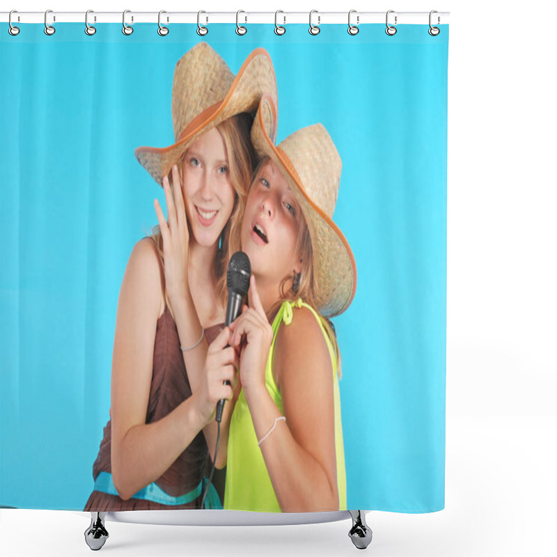 Personality  Two Pretty Thirteen Year Old Girls Wearing A Big Floppy Straw Sun Hat Shower Curtains