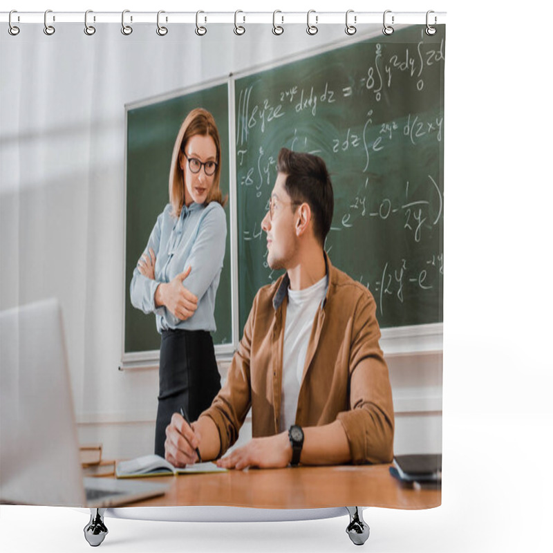 Personality  Female Professor Standing With Crossed Arms And Looking At Student In Classroom  Shower Curtains