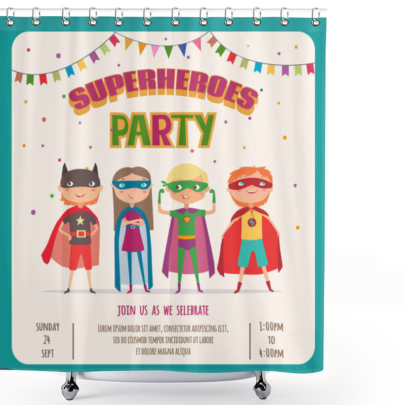 Personality  Superheroes. Card Invitation With Group Of Cute Kids Shower Curtains