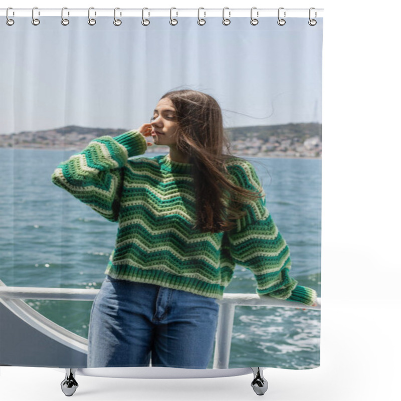 Personality  Young Woman With Closed Eyes Touching Hair During Cruise On Ferry Boat In Turkey  Shower Curtains