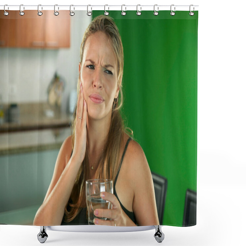 Personality  Young Woman With Toothache Drinking Cold Water Shower Curtains