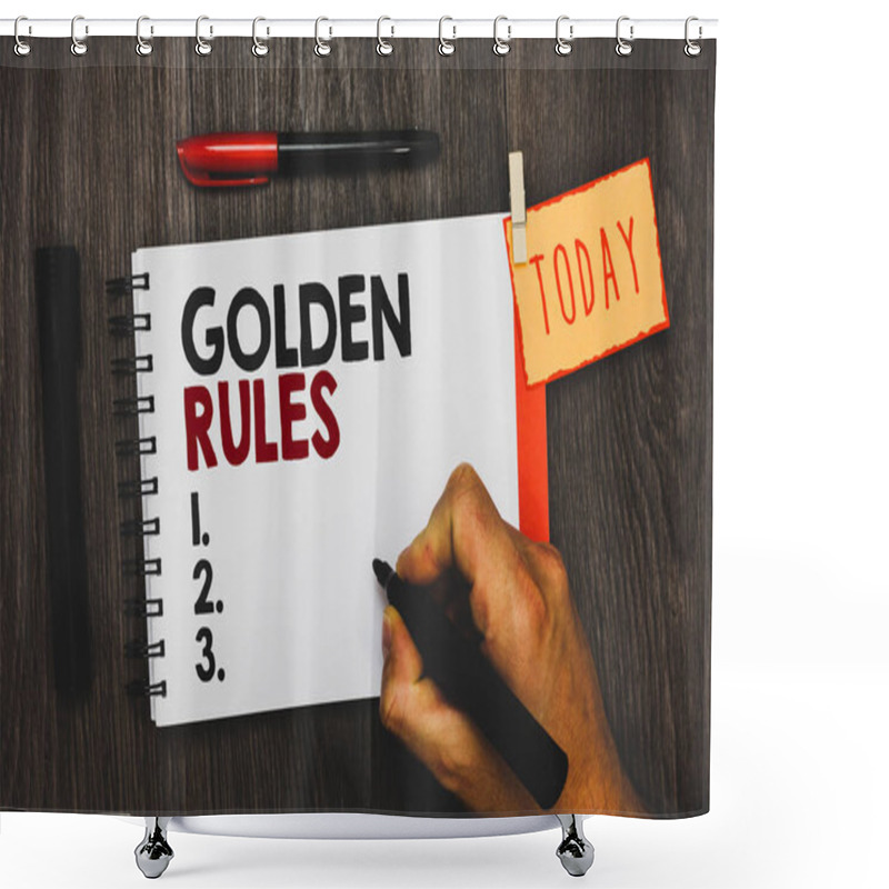 Personality  Text Sign Showing Golden Rules. Conceptual Photo Basic Principle That Should Be Followed Important Principle Man Holding Marker Notebook Clothespin Hold Reminder Cup Markers Wood Table Shower Curtains